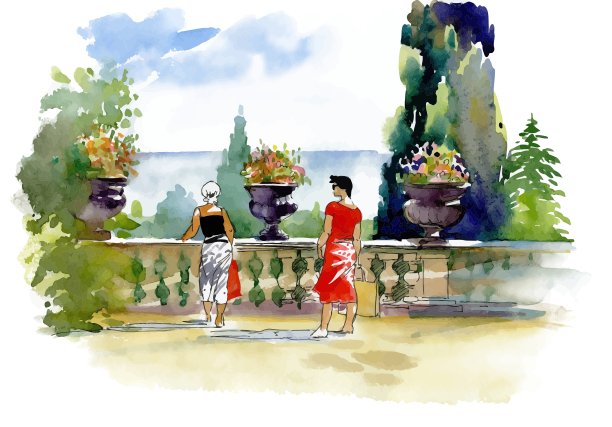 水彩画度假阳台与情侣图片下载