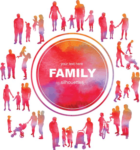 框架与家庭剪影和水彩效果图片下载