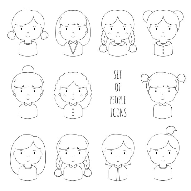 一套线条女性面孔图标滑稽卡通手图片下载
