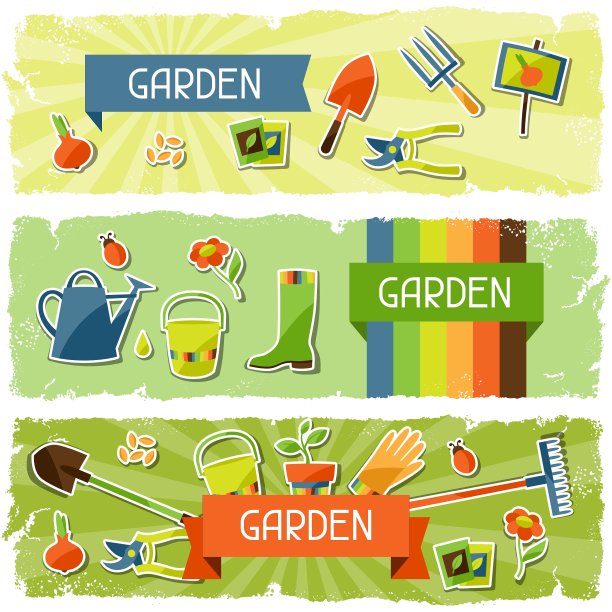 带有花园贴纸设计元素的横幅图片下载