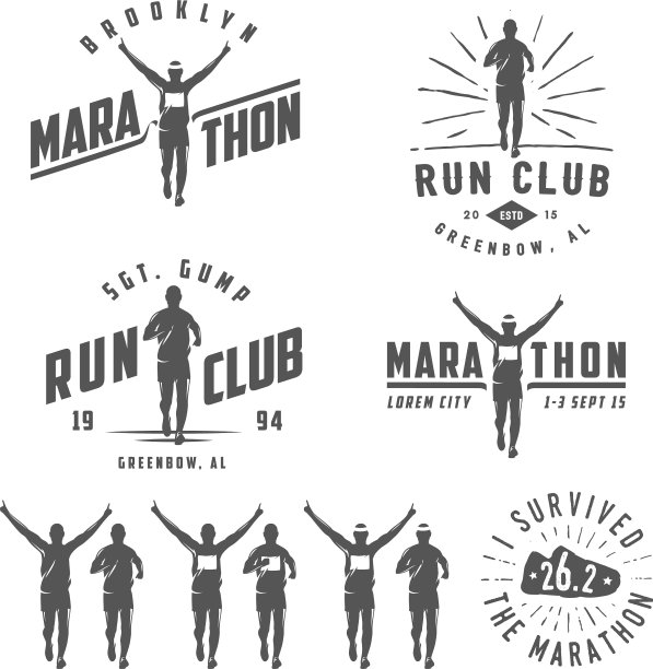 一套跑步俱乐部的标签，标志和设计元素图片下载