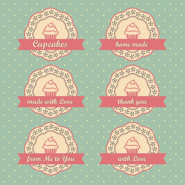 纸杯蛋糕复古风格标签设置在复古波尔卡点图片下载