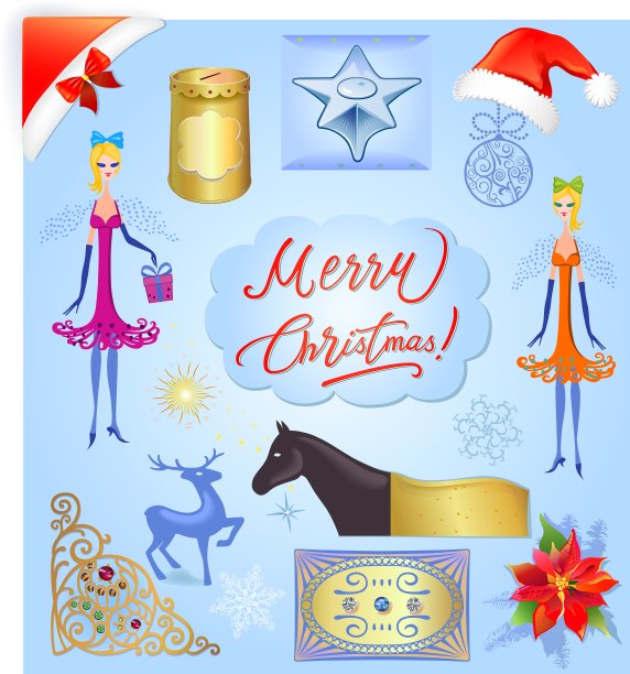 圣诞元素设置在浅蓝色的背景图片下载