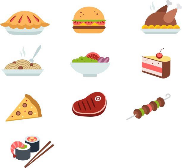 各种食物的图标-水果，蔬菜，肉类图片下载