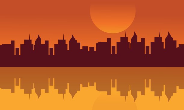 城市的剪影和水中的倒影图片下载