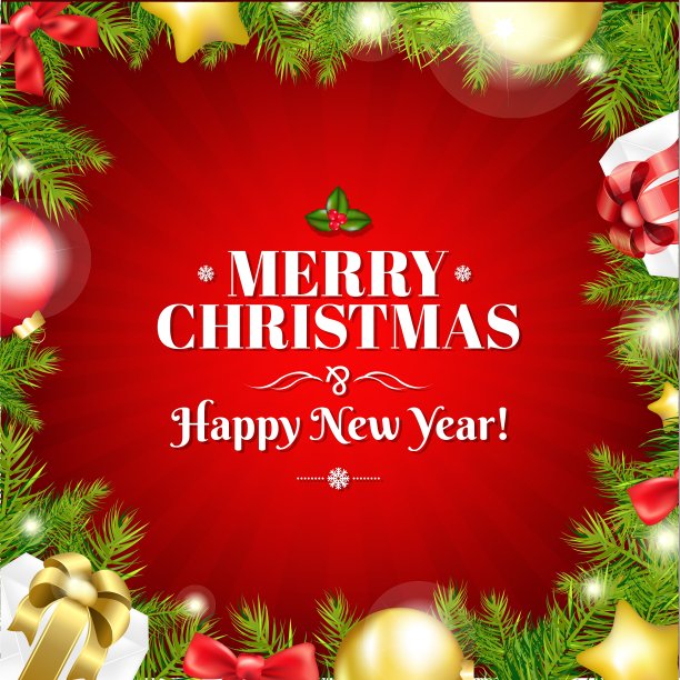 有冷杉树的红色圣诞卡图片下载