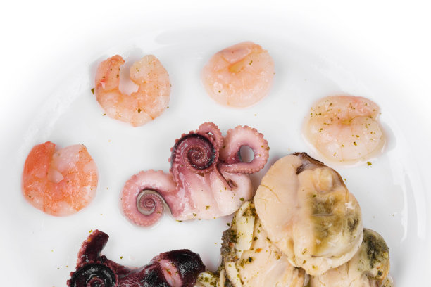 盛有混合海鲜的盘子碎片。图片下载