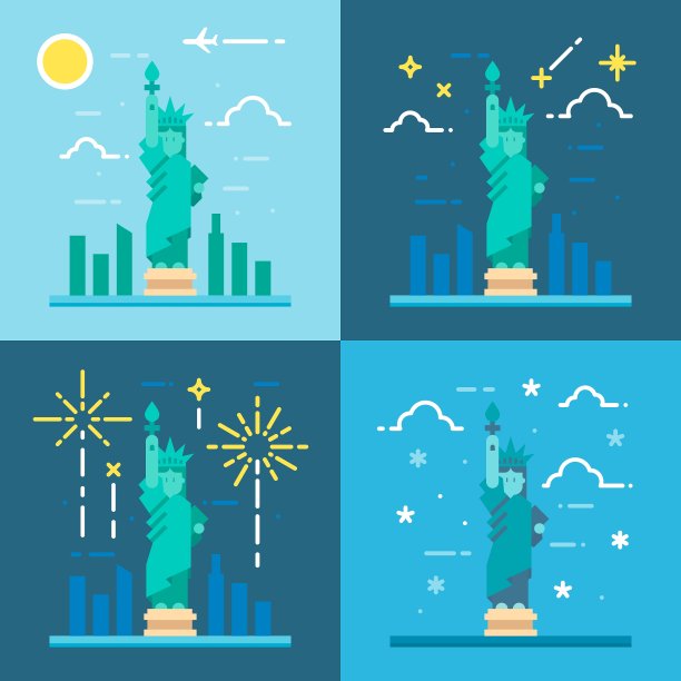 4种风格的自由女神像的平面设计图片下载