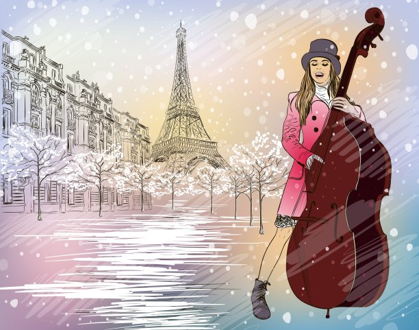 雪中的巴黎圣诞街头表演者图片下载