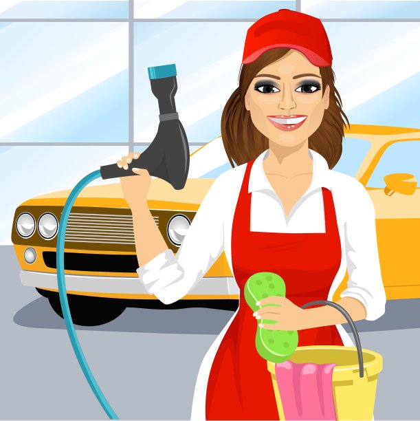 微笑的年轻女孩在洗车图片下载