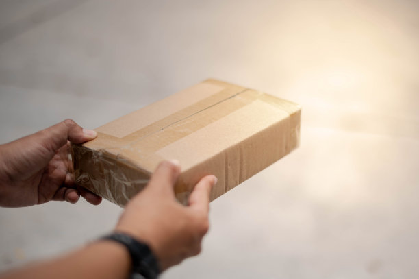 快递员手持纸箱包装物流运输。图片下载