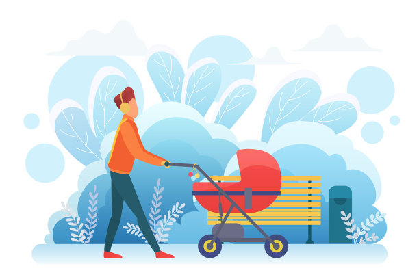 一个在冬季公园推婴儿车的人图片下载