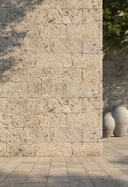 明亮的天然石石灰华墙带绿叶，阳光带阴影。夏天,春天的背景。3 d渲染。图片下载