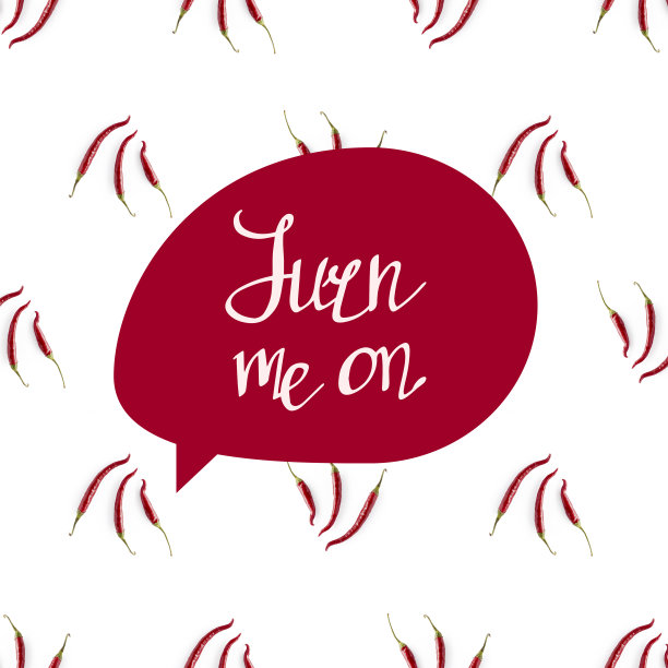 让我兴奋起来，贺卡。激情和爱。情人节快乐!背景辣椒。辣椒图案与文字气泡。节日的旗帜。图片下载