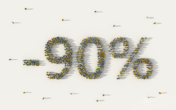 一大群人组成了九折打折的横幅。特别推广文字在社会媒体和社区概念上的白色背景。3d标志的人群插图。图片下载