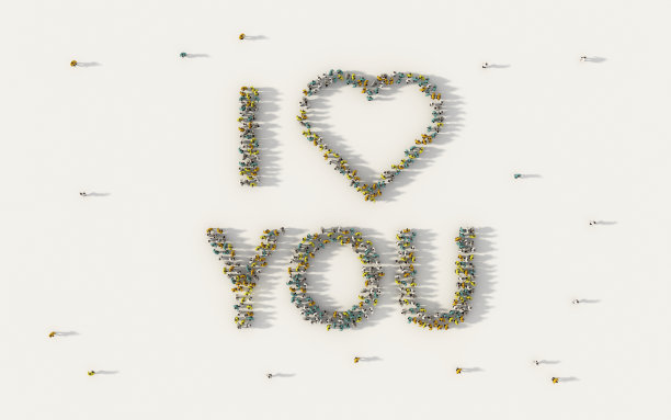一大群人形成我爱你的字母文本在社会媒体和社区概念上的白色背景。人群图的3d符号从上面聚集在一起图片下载