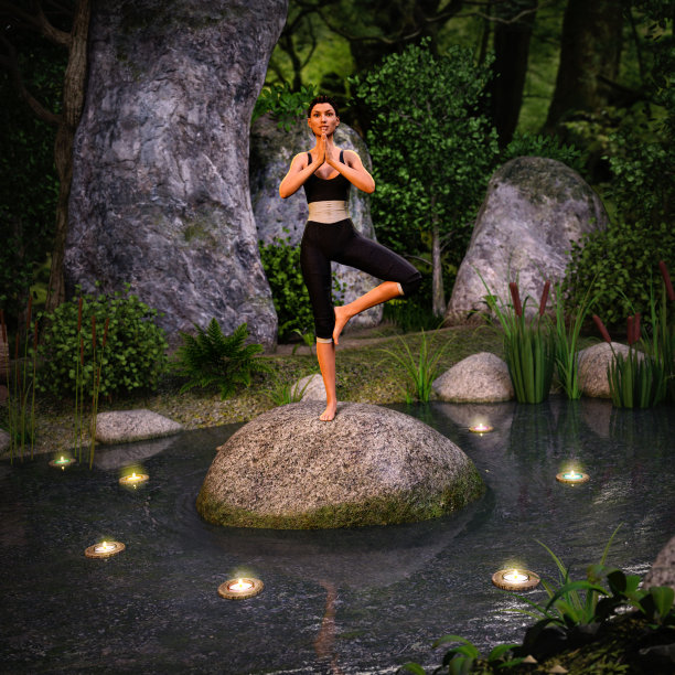 迷人的年轻女子在岩石上做瑜伽姿势图片下载