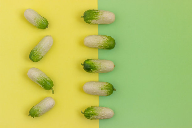 新鲜蔬菜，黄瓜在绿黄的背景上。健康食品的概念。平躺，俯视图。图片下载