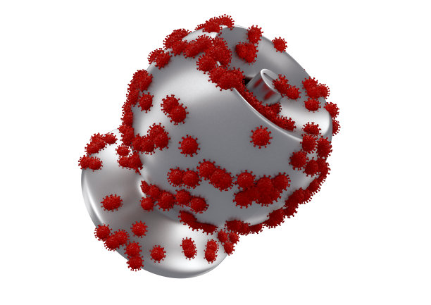 冠状病毒19组的3D渲染图像停留在灰色铝门把手上图片下载