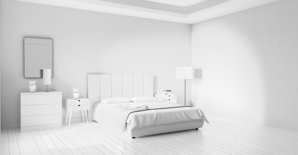 白色现代卧室的3d渲染。地中海风格的室内设计。图片下载