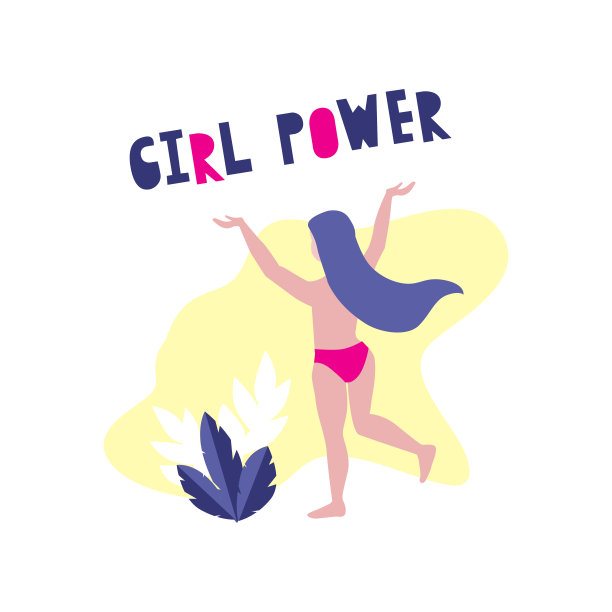 矢量插图快乐美丽的女人或女孩在内裤举起手在空中和女孩的权力短语。图片下载