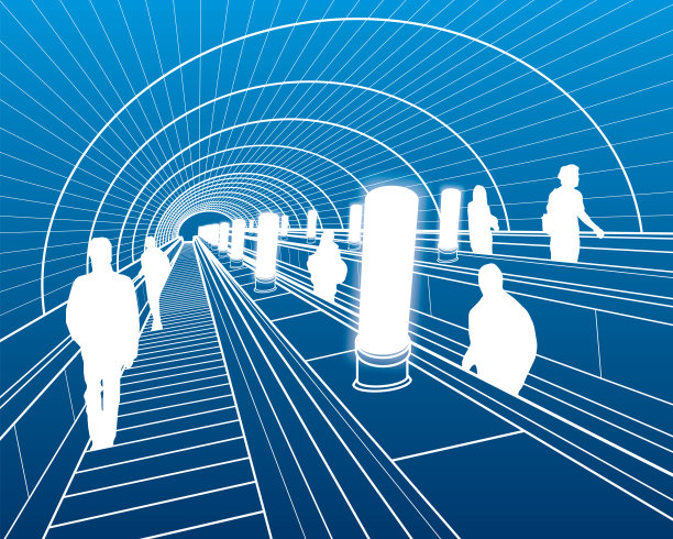 人们乘坐地铁的自动扶梯。交通基础设施的插图。城市生活。蓝底白线。勾勒项目的图像。矢量设计艺术图片下载