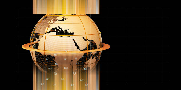 3d插图全球网络背景。带有地图和模糊线条的金色大地网格。对于商业、科学、技术的概念。图片下载