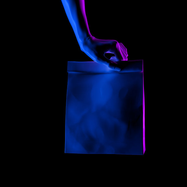 外卖服务理念横幅。3d插图信使概念。霓虹双色手给外卖包孤立在黑色背景上。图片下载