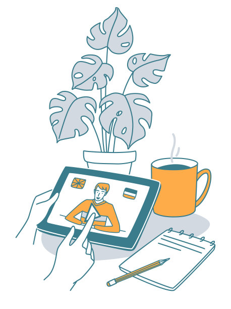 在线学习外语，在线学习。手持平板电脑。图片下载