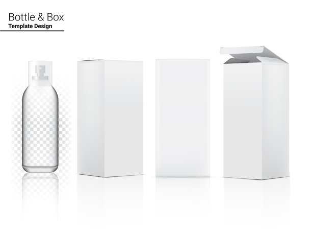 光滑透明喷雾瓶模拟逼真的化妆品和三维盒子美白护肤和抗皱商品在白色背景插图。卫生保健和医疗。图片下载