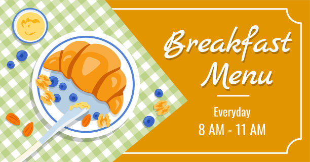 早餐时间矢量横幅模板与美味的羊角面包，蜂蜜，杏仁，蓝莓和核桃图片下载