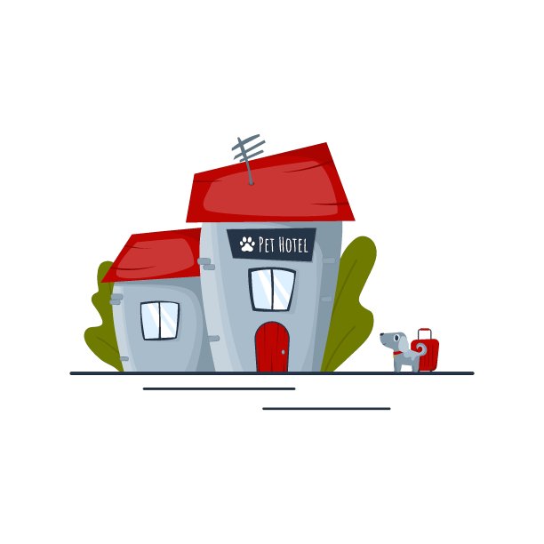 带小旅行袋的宠物在酒店附近的平面卡通风格。日托、兽医服务图片下载