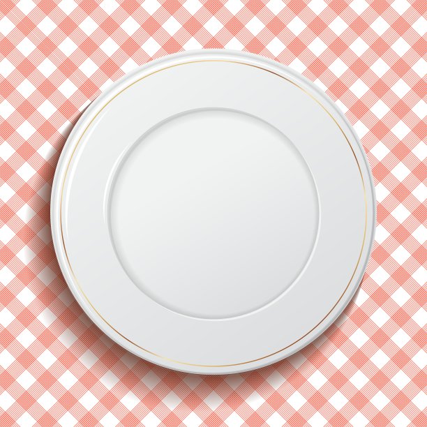 红色格子桌布上的白色经典盘子图片下载