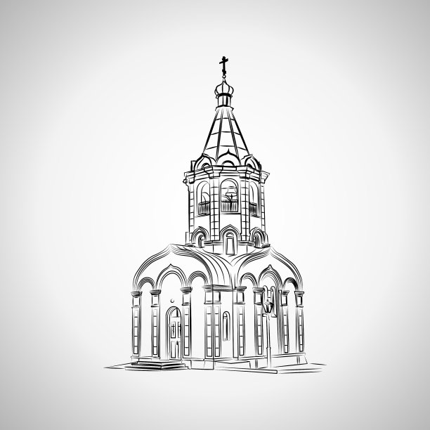 一盏灯上的基督教堂素描图片下载