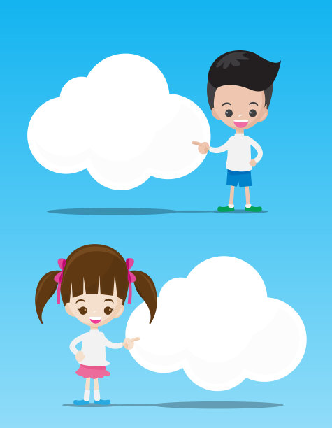 男孩和女孩指着空白的云图片下载