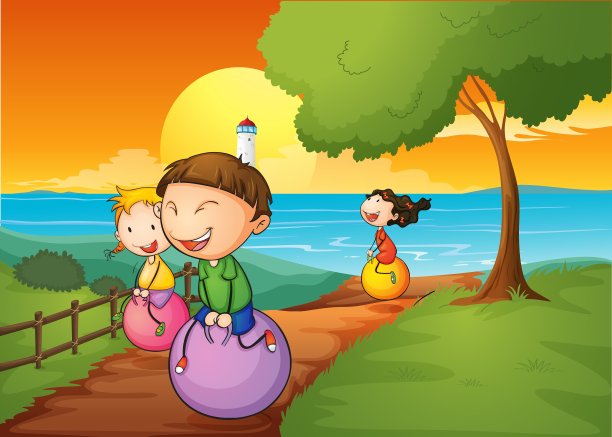 快乐的孩子们玩着弹跳的球图片下载