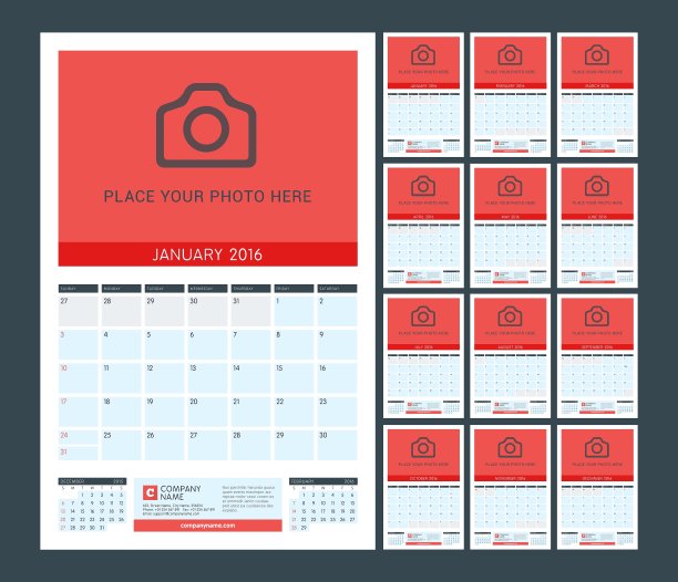 墙壁月度日历计划2016年设计图片下载