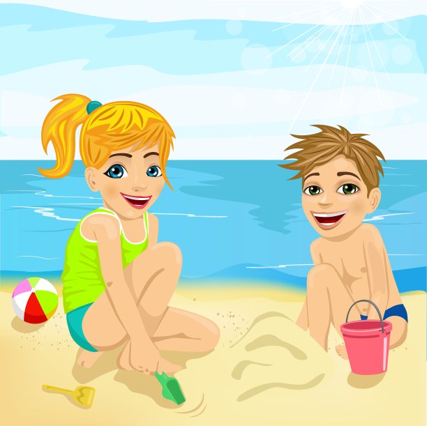 哥哥和妹妹在沙滩上玩沙子图片下载