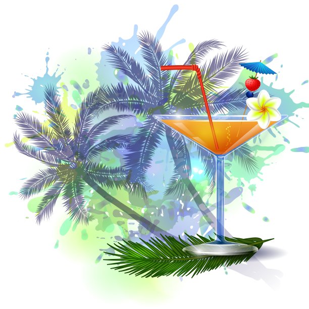 夏天的背景与棕榈树和果汁图片下载