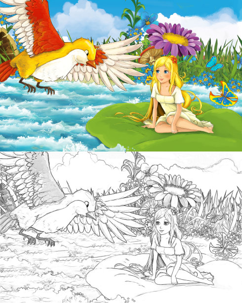 卡通场景与素描与美丽的女孩，精灵公主和动物鸟插图图片下载
