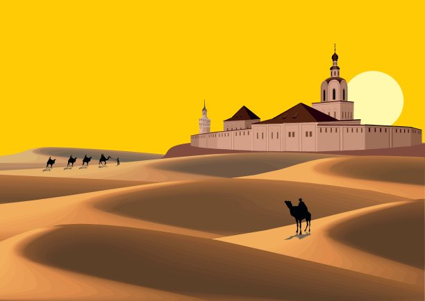 风景古道——大篷车在沙漠里走向苍老图片下载