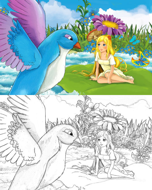 卡通场景与素描与美丽的女孩，精灵公主和动物鸟插图图片下载