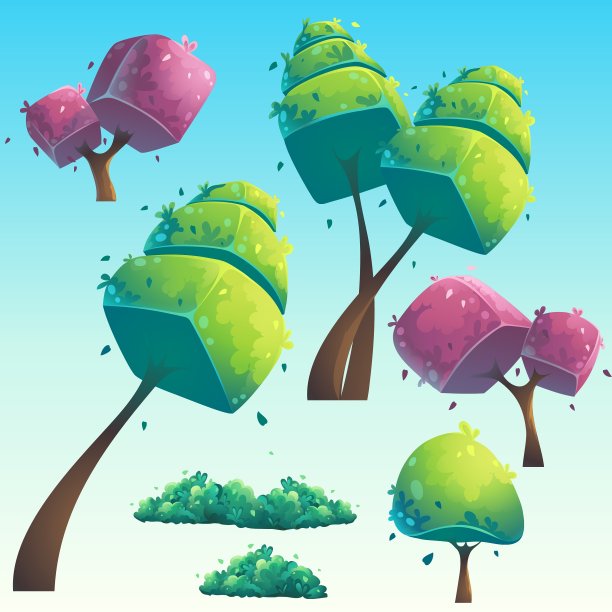 一组孤立的卡通抽象树图片下载