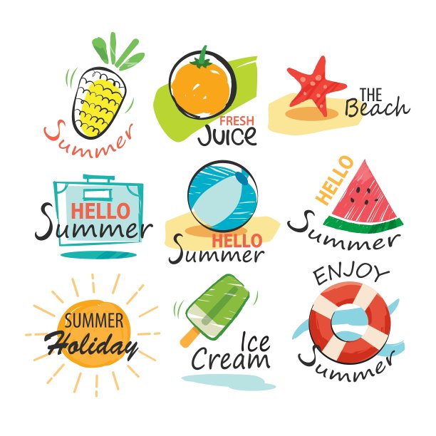 一套手绘的夏季标志和横幅图片下载