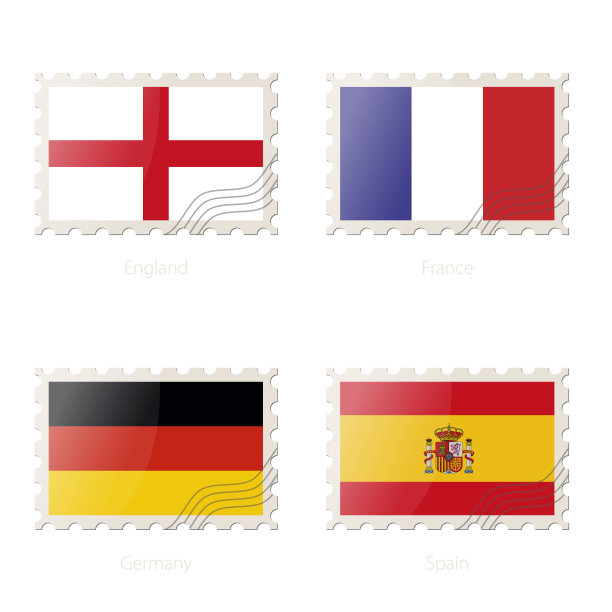 邮票上印有英国、法国、德国、西班牙的形象国旗。图片下载