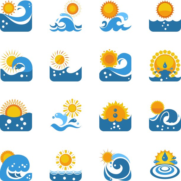 带太阳图标的蓝色海浪合集图片下载
