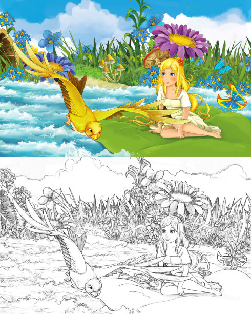 卡通场景与素描与美丽的女孩，精灵公主和动物鸟插图图片下载