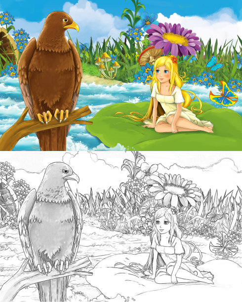 卡通场景与素描与美丽的女孩，精灵公主和动物鸟鹰插图图片下载