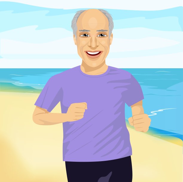 穿着健身服的老人在海滩上跑步图片下载