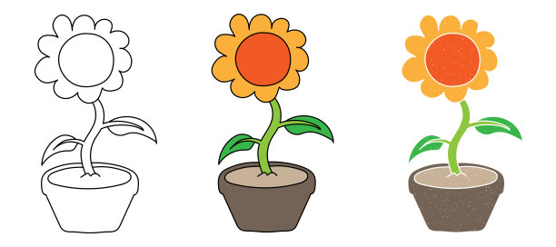 花在花盆手绘矢量设计。黑白颜色图片下载